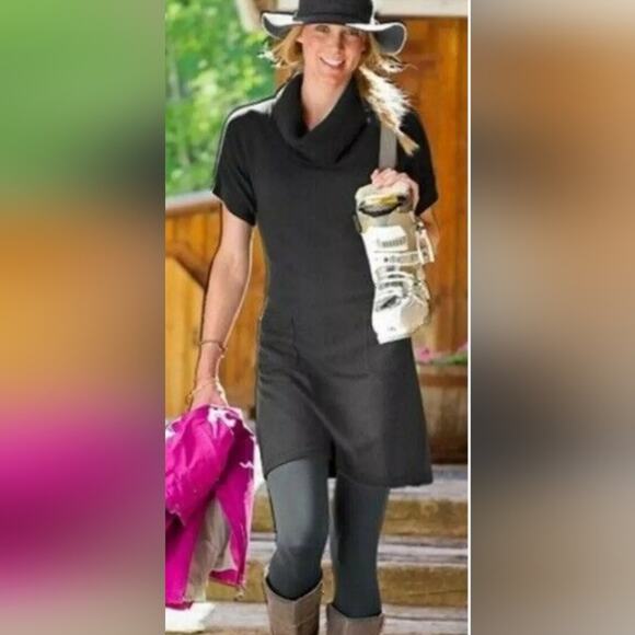 Athleta ZUNI Cowl Neck Dark Gray Sweater Knit Pocketed Short Sleeve Dress M - Picture 2 of 15